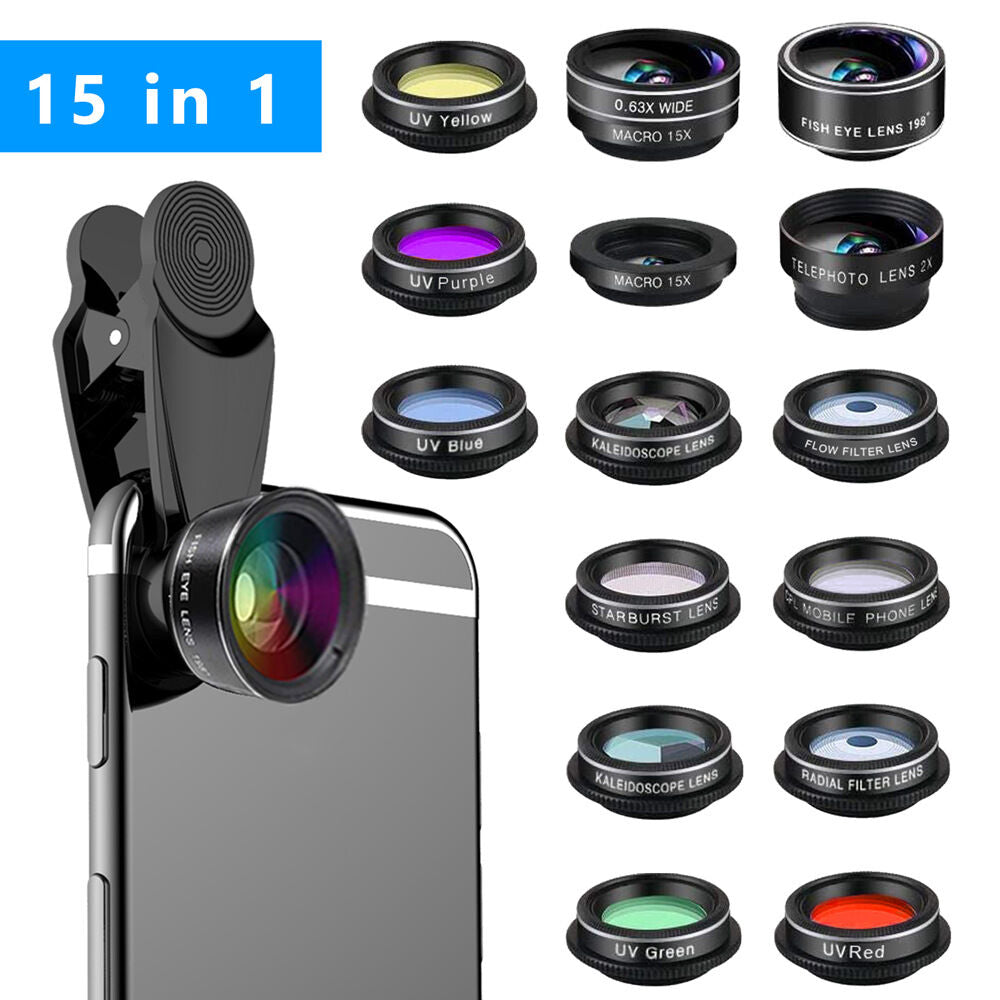 15-in-1 kit with multiple special effects functions, compatible with iPhone and Android smartphones. Includes: 198 fisheye, 0.63x wide angle, 15x macro, 2x telephoto, CPL polarizer, kaleidoscope lens, star filter, mist filter, radial filter