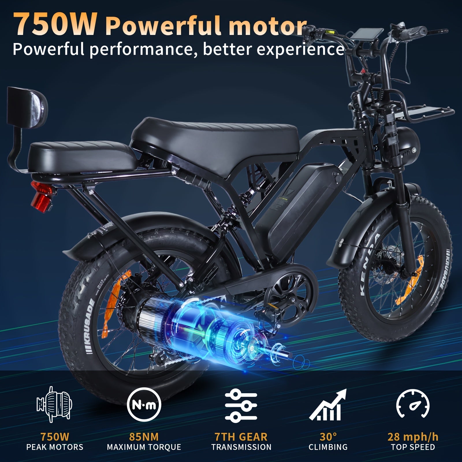 V20 upgraded X80Pro electric bicycle, 750W motor, 20-inch off-road tires, 55-65 km range, 48V 12Ah removable lithium battery, front and rear hydraulic disc brakes + 7-speed gear, intelligent anti-theft + digital display screen, beach/snow dual-use