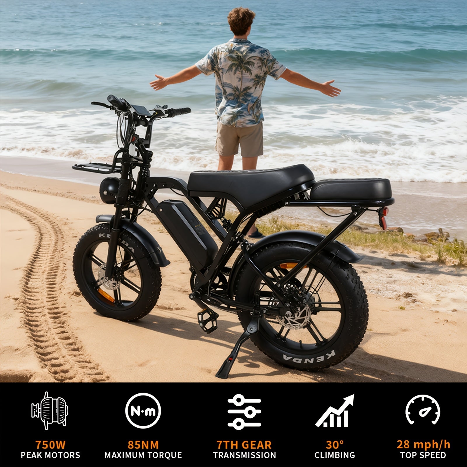 V20 upgraded X80Pro electric bicycle, 750W motor, 20-inch off-road tires, 55-65 km range, 48V 12Ah removable lithium battery, front and rear hydraulic disc brakes + 7-speed gear, intelligent anti-theft + digital display screen, beach/snow dual-use