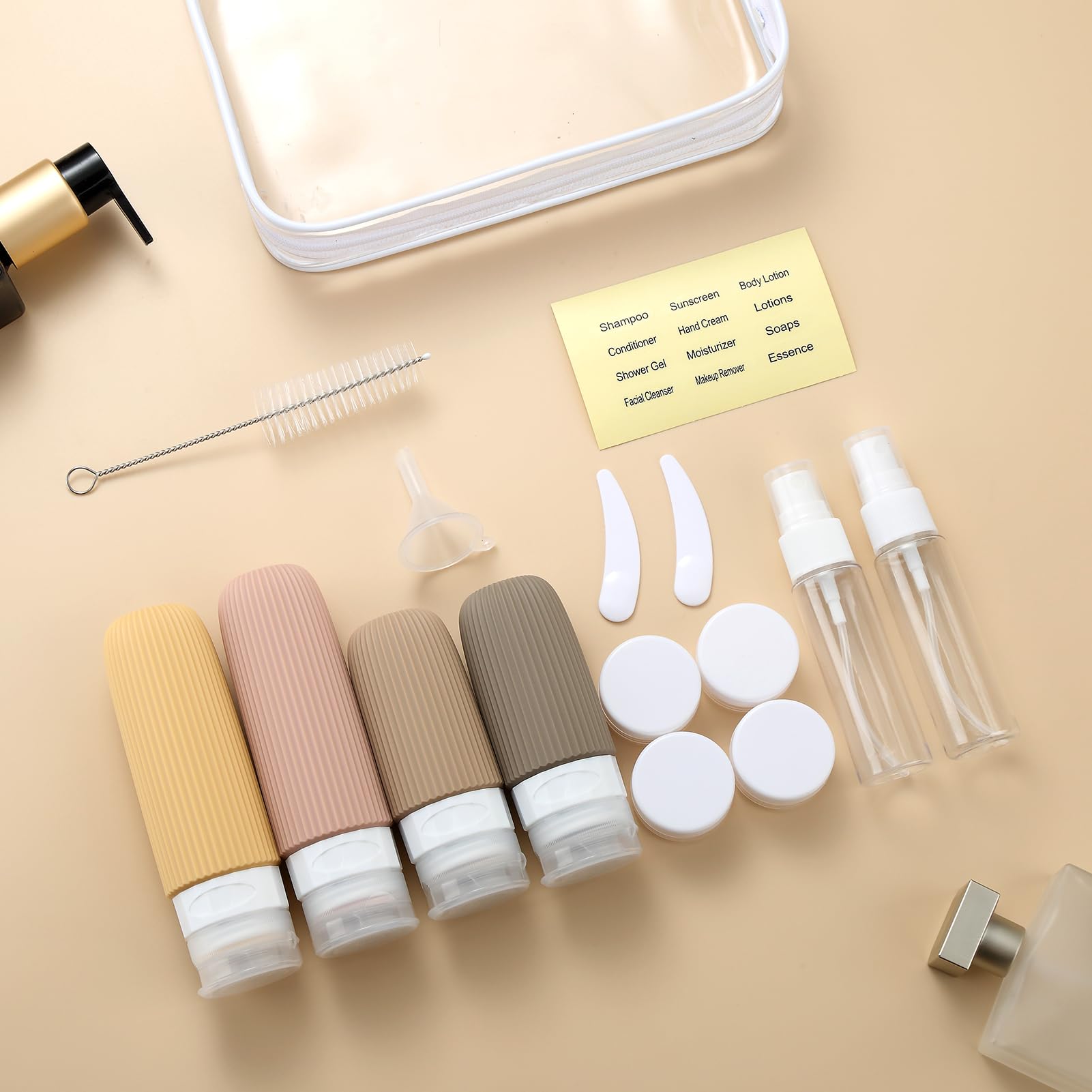 16-Piece Travel Bottle Set with Leak-Proof Silicone Squeeze Bottles – Reusable Toiletry Containers for Shampoo, Lotion, Makeup Remover (Apricot) | Other Colors Available in Store