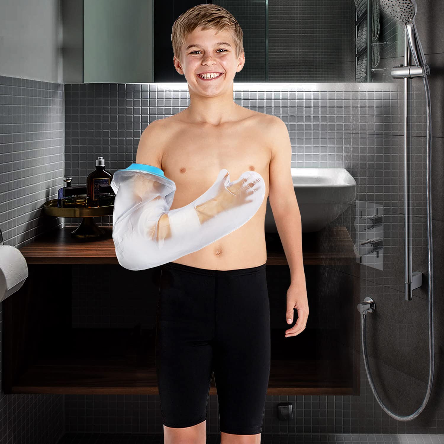 Full Arm Waterproof Shower Sleeve for Kids β Reusable Cast Protector for Hand, Wrist, Elbow & Forearm During Bathing or Water Activities (Blue)