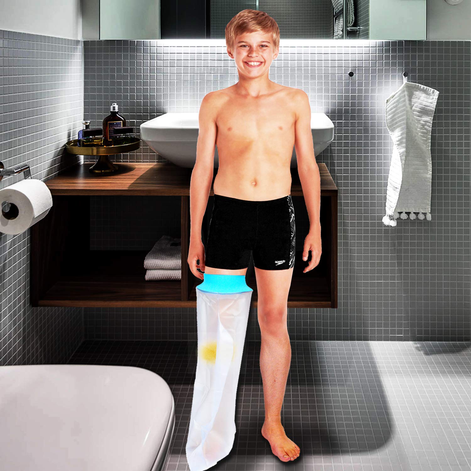 Full Leg Waterproof Shower Sleeve for Kids – Reusable Cast Protector for Foot, Calf, Knee & Thigh During Bathing or Water Activities (Blue)