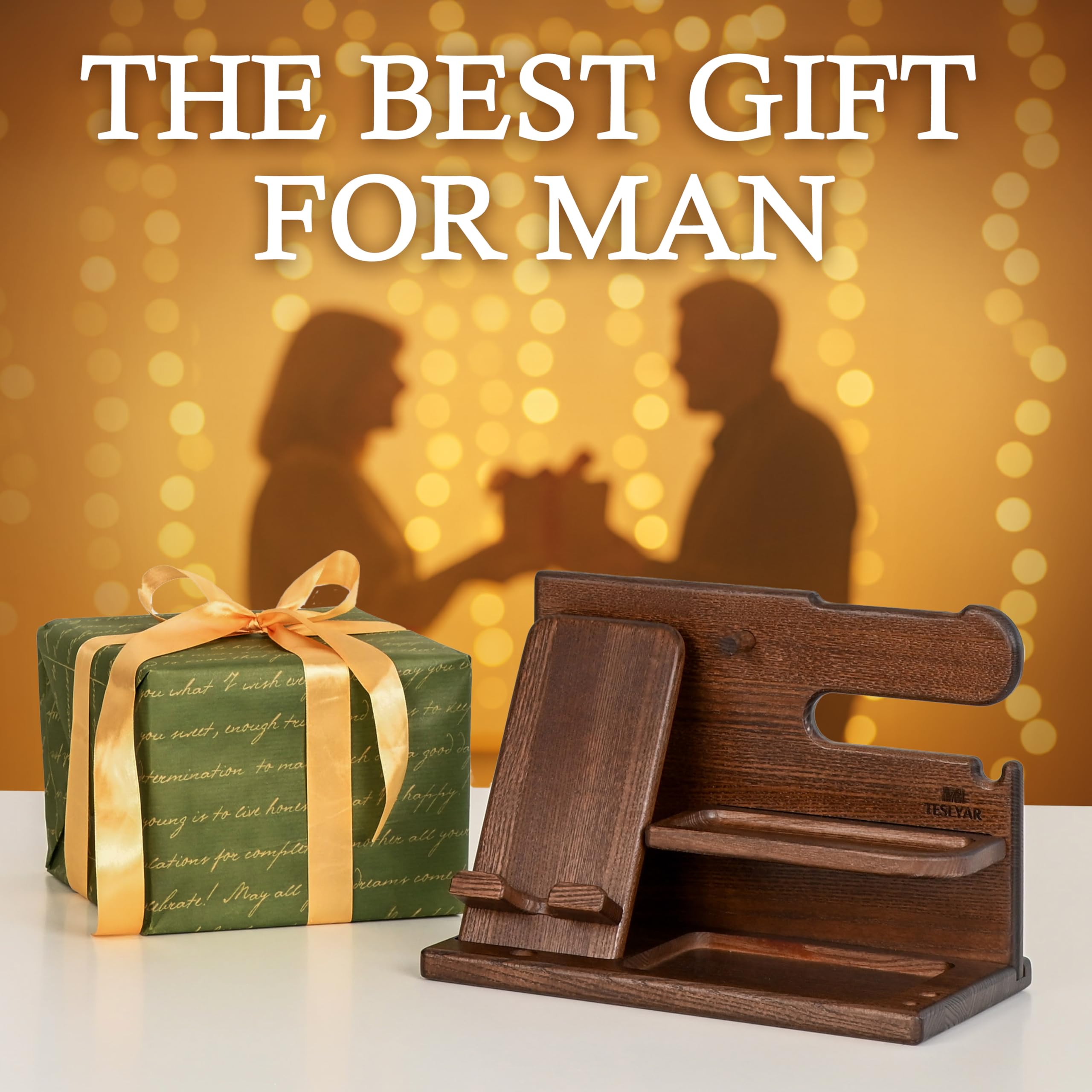 Wooden Desk Organizer for Men – Multi-Function Phone Stand, Watch & Glasses Holder, Key & Wallet Tray (Vintage Brown)