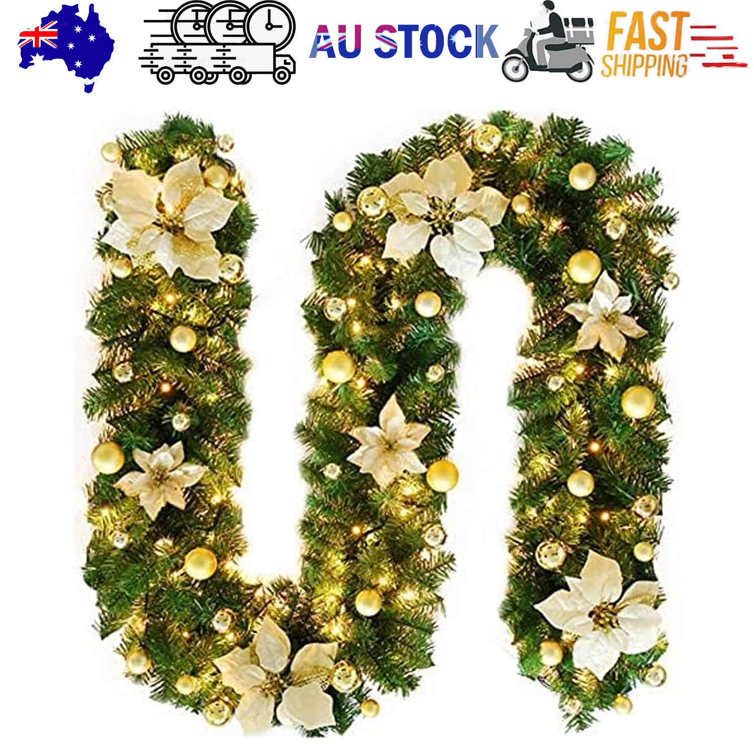 2.7M Christmas Garland with Lights Rattan Artificial Garland Green for Indoor Home Fireplace Stair Decorations-Gold