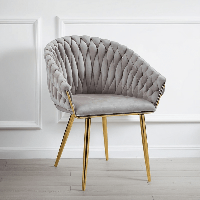 SERENITà Grey Modern Velvet Dining Chairs, Upholstered Living Room Chair with Woven Back and Golden Metal Legs, Mid-Century Accent Set of 2(Grey)