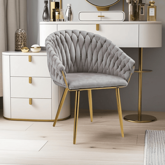 SERENITà Grey Modern Velvet Dining Chairs, Upholstered Living Room Chair with Woven Back and Golden Metal Legs, Mid-Century Accent Set of 2(Grey)