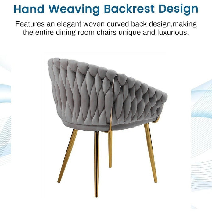 SERENITà Grey Modern Velvet Dining Chairs, Upholstered Living Room Chair with Woven Back and Golden Metal Legs, Mid-Century Accent Set of 2(Grey)