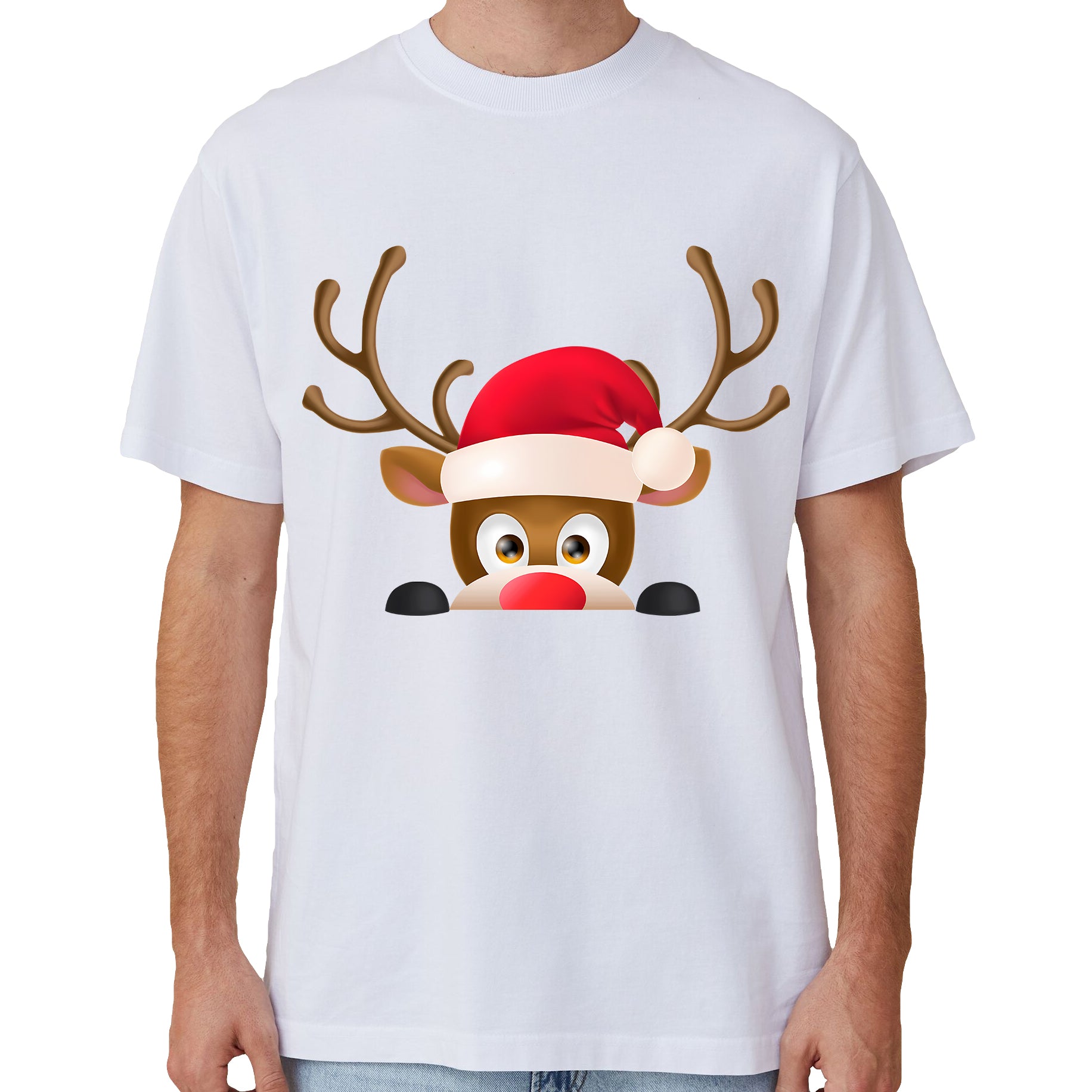 100% Cotton Christmas T-shirt Adult Unisex Tee Tops Funny Santa Party Custume, Reindeer Head (White), 3XL