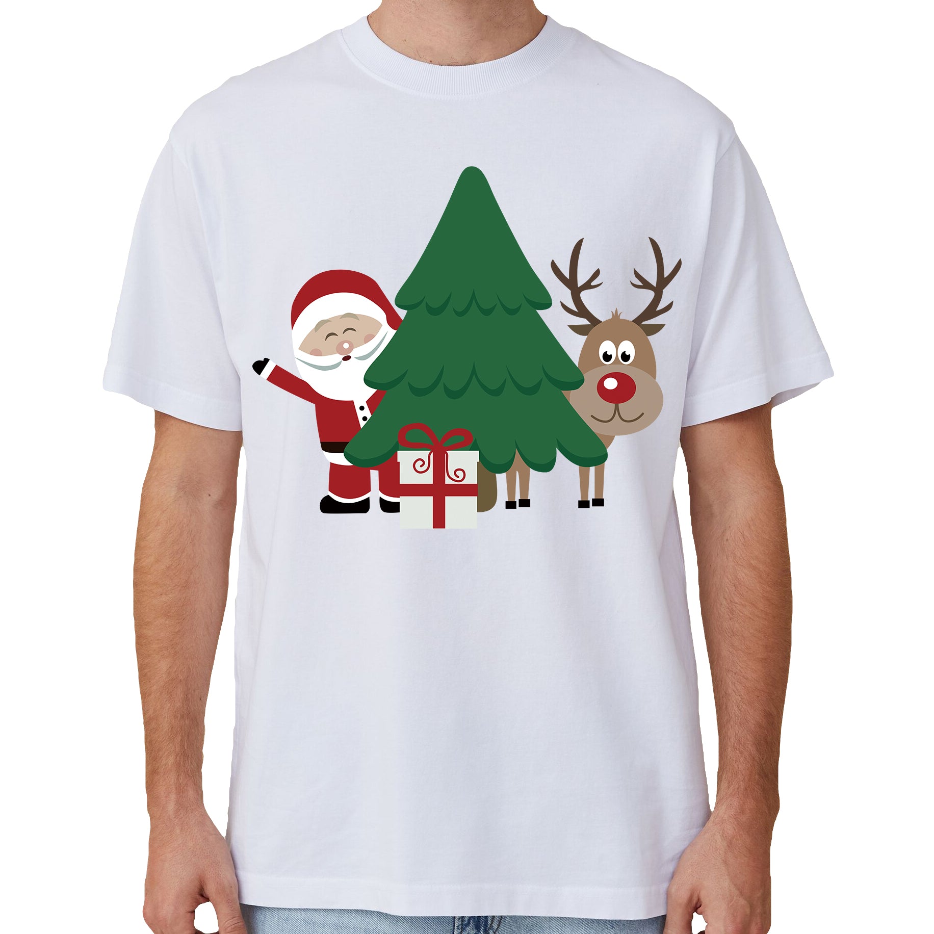 100% Cotton Christmas T-shirt Adult Unisex Tee Tops Funny Santa Party Custume, Santa with Tree (White), 3XL