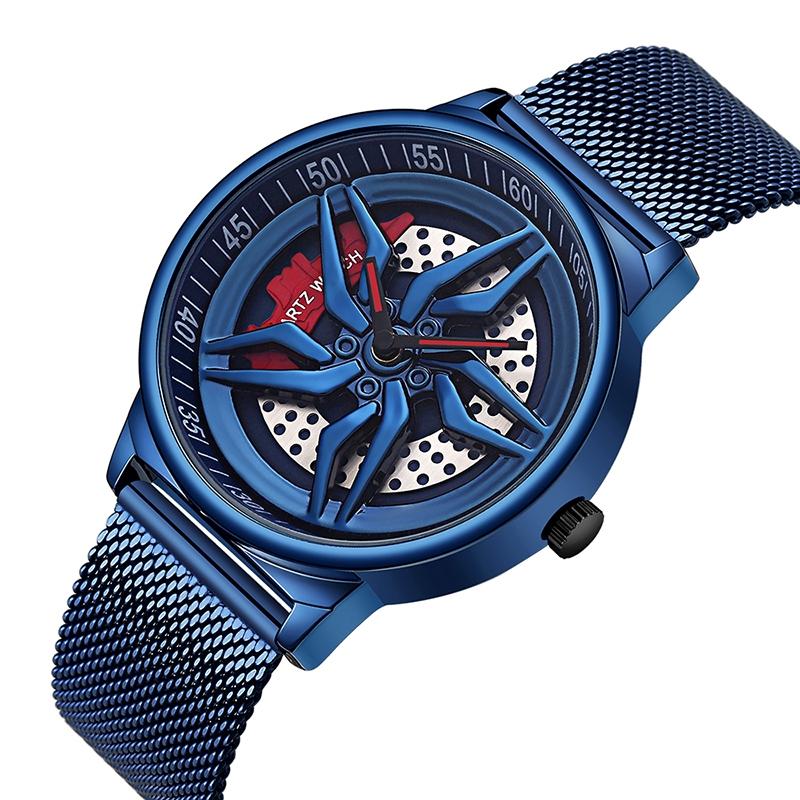 Men 360 Degree Hollow Dial Mesh Strap Quartz Watch - Spinning Design - Blue