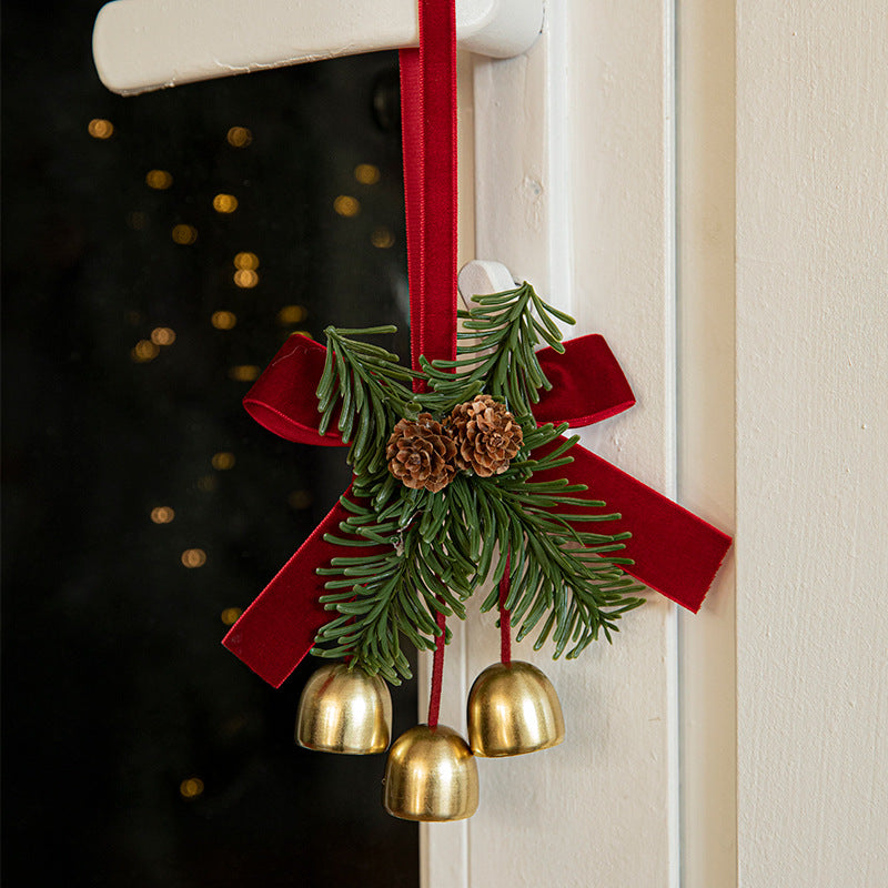 Christmas Door Hanging Ornament with Pinecones, Bells, and Red Ribbon – 16x11cm Festive Decor(2 PCS))