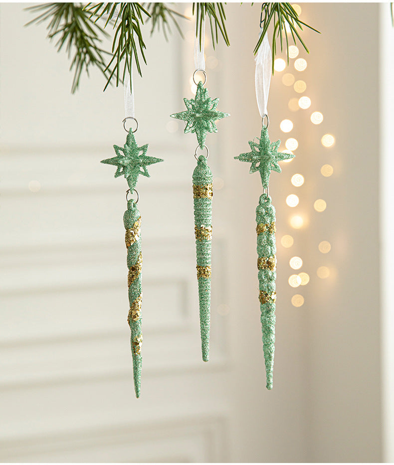 Green Glitter Icicle Christmas Ornaments with Star Tops - Set of 3 Hanging Decorations(5 set in total)