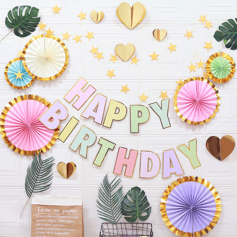 Happy Birthday Party Decoration Set - Fan Decorations, Hearts, Stars & Banner