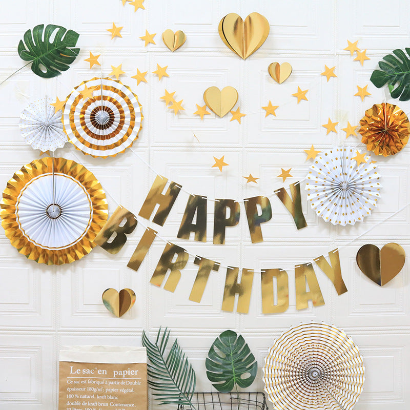 Happy Birthday Party Decoration Set - Fan Decorations, Hearts, Stars & Banner