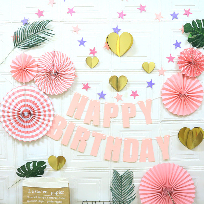Happy Birthday Party Decoration Set - Fan Decorations, Hearts, Stars & Banner