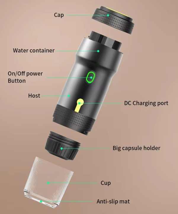 Green 3-in-1 Portable Electric Espresso Maker - Rechargeable Travel Coffee Machine for Capsules & Ground Coffee