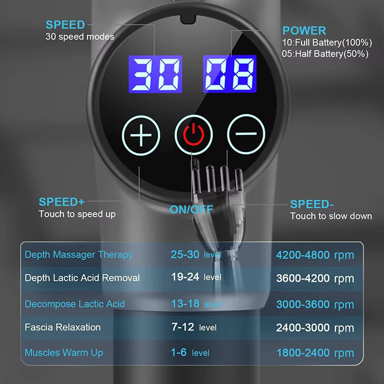 Black Deep Tissue Percussion Massage Gun - 30 Speeds, 6 Heads, Type-C Charging