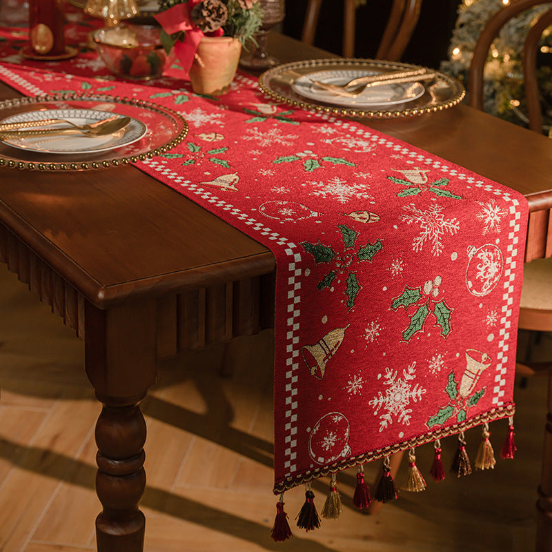 Red Christmas Table Runner with Tassels - Festive Snowflake & Bell Print (35*200cm)