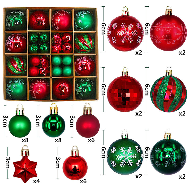 Green and red 44-Piece Assorted Christmas Baubles Set with Elegant Designs in Wooden Gift Box - 3-6cm Decorative Ornaments for Tree, Home & Holiday Display