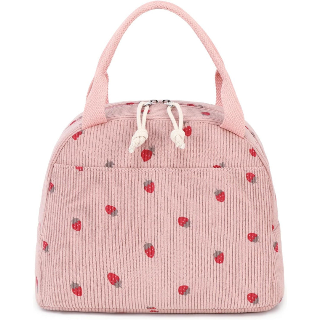 Pink Strawberry Pattern Corduroy Lunch Bag - Insulated Thermal Cooler Tote for School Work and Picnics