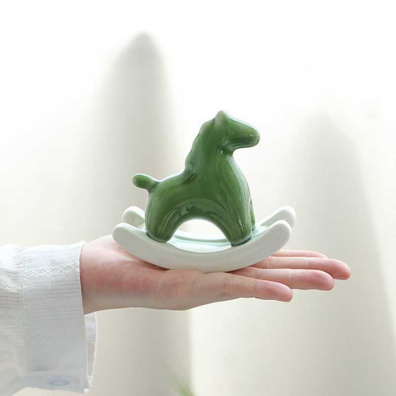 Green Modern Ceramic Rocking Horse Ornament - Cute Porcelain Figurine for Desk & Shelf Decor