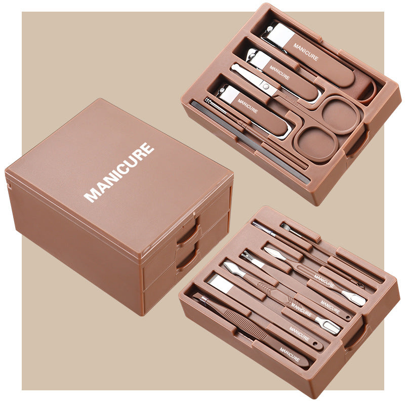 Brown Premium 13-in-1 Manicure & Grooming Kit - Professional Carbon Steel Pedicure Set with Dual-Drawer Case & Mirror