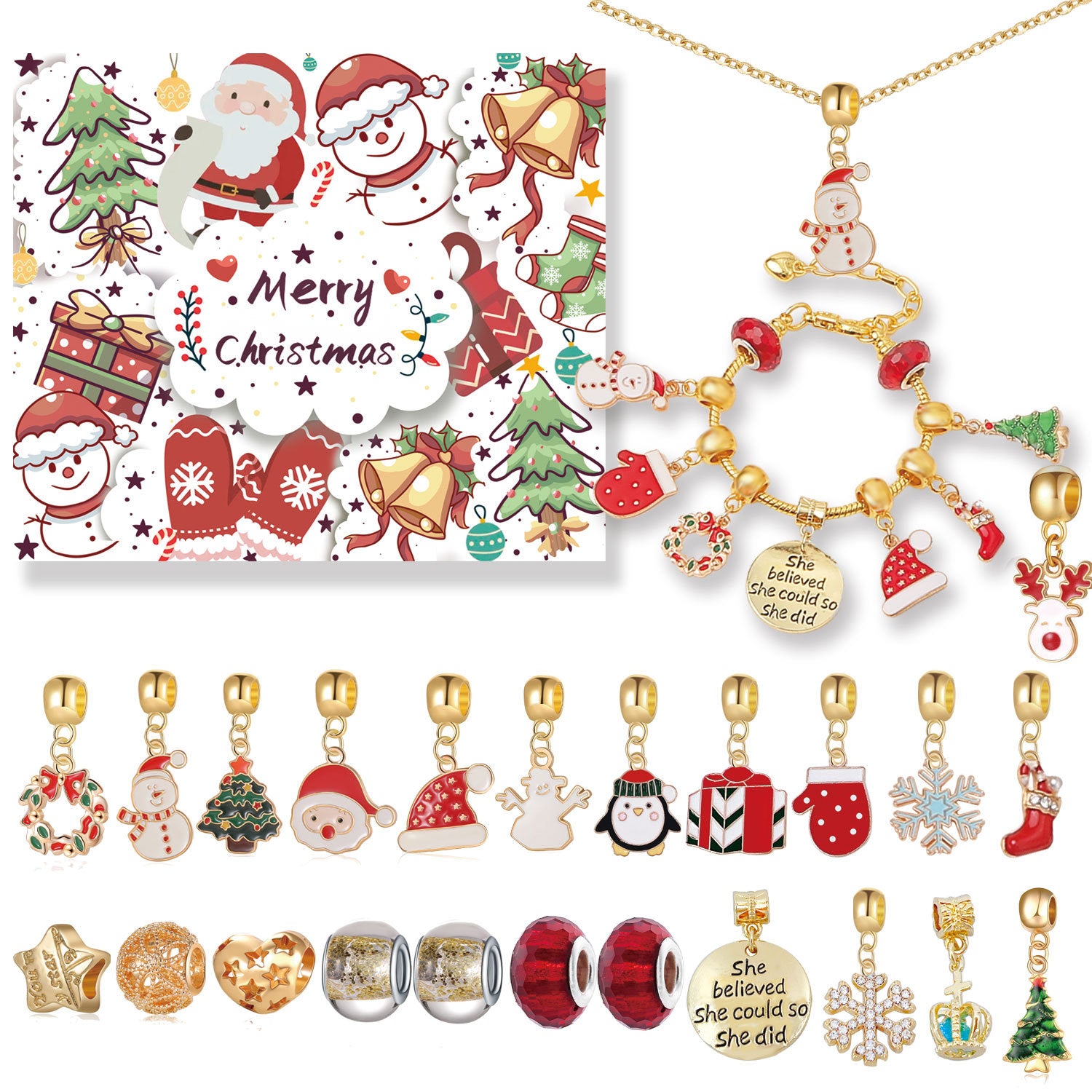 Gold Christmas Advent Calendar DIY Jewelry Kit - 24 Surprises with Gold-Tone Charm Bracelet & Necklace