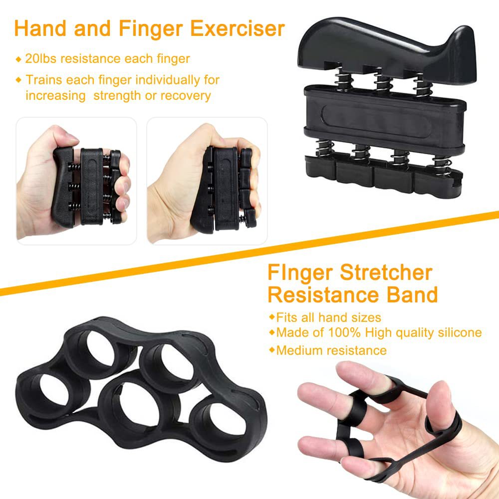 Black 5 in 1 Hand Grip Strengthener Kit Adjustable Resistance Finger Stretcher Stress Relief Ball and Grip Ring for Rehabilitation and Muscle Building