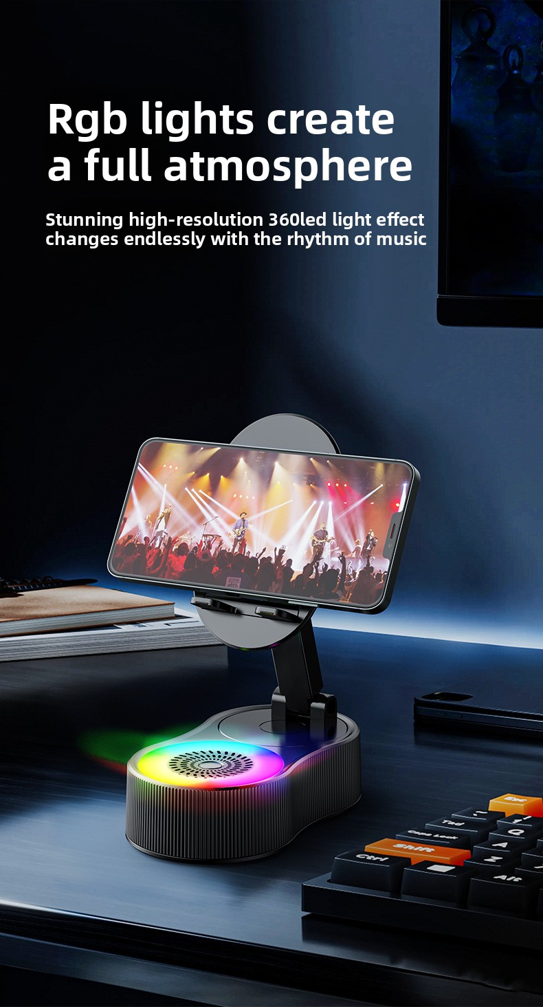 3-in-1 Wireless Induction Speaker & Phone Stand with Power Bank - Bluetooth 5.3 Audio Station - Adjustable Desktop Holder with RGB Lights - White