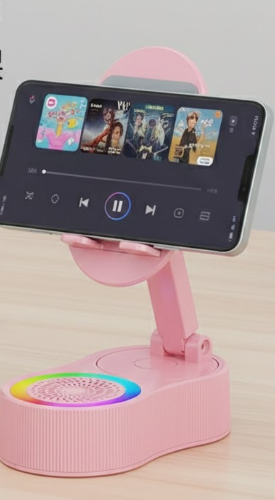3-in-1 Wireless Induction Speaker & Phone Stand with Power Bank - Bluetooth 5.3 Audio Station - Adjustable Desktop Holder with RGB Lights - Pink