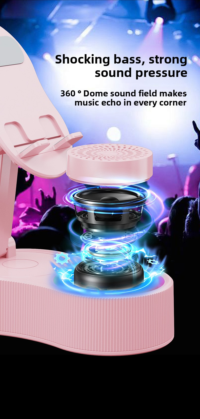 3-in-1 Wireless Induction Speaker & Phone Stand with Power Bank - Bluetooth 5.3 Audio Station - Adjustable Desktop Holder with RGB Lights - Pink