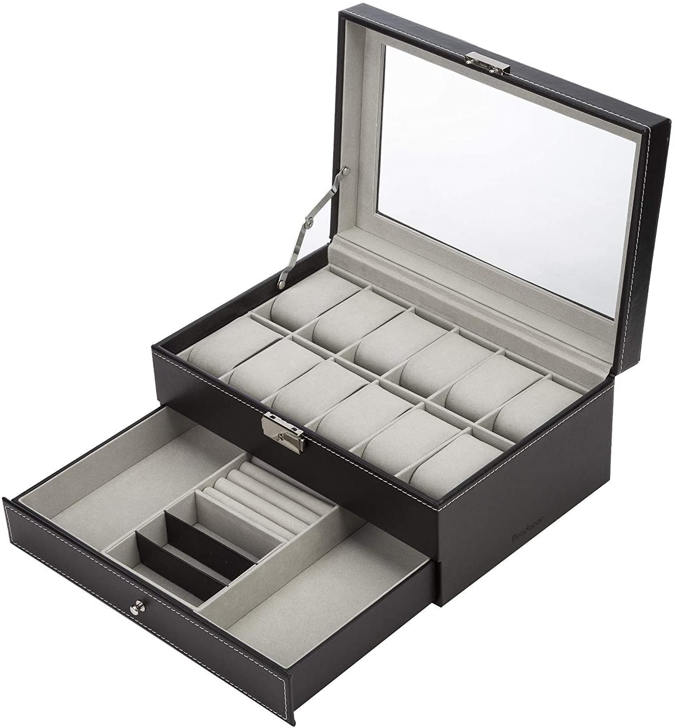 black-leather-watch-box-jewelry-display-case-with-drawers-12-slots-with-2-layers
