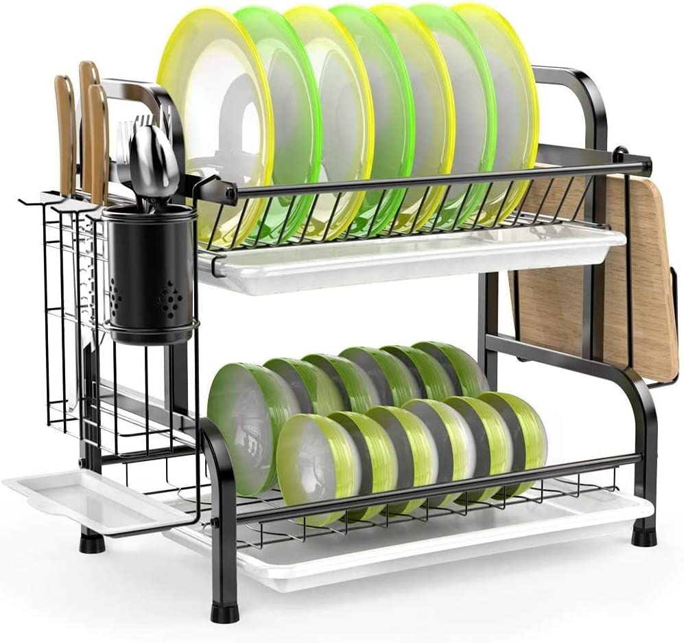 stainless-steel-2-tier-dish-drying-rack-with-utensil-holder-cutting-board-holder-and-dish-drainer-for-kitchen-counter-black