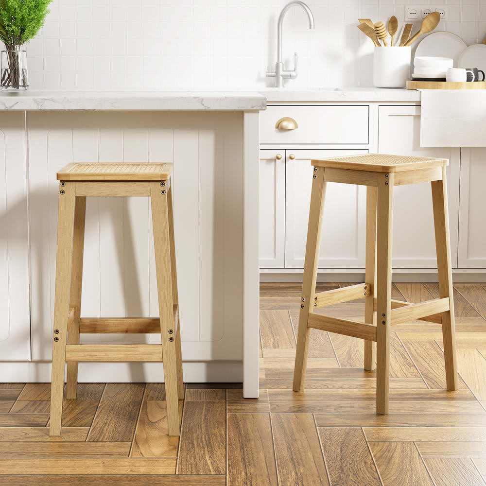 Artiss 2x Bar Stools Rubber Wood Stool Counter Chair Rattan Barstools Kitchen