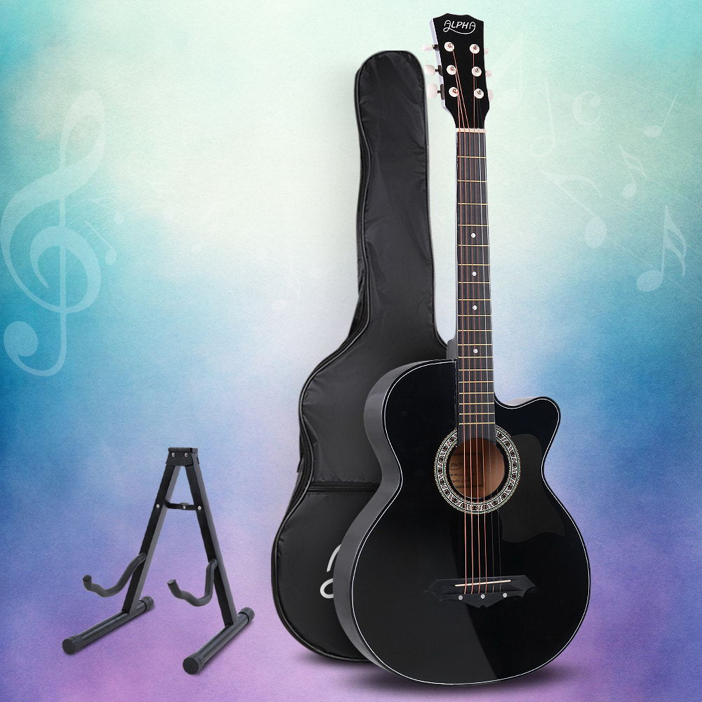 Alpha 38 Inch Acoustic Guitar Wooden Body Steel String Full Size w/ Stand Black