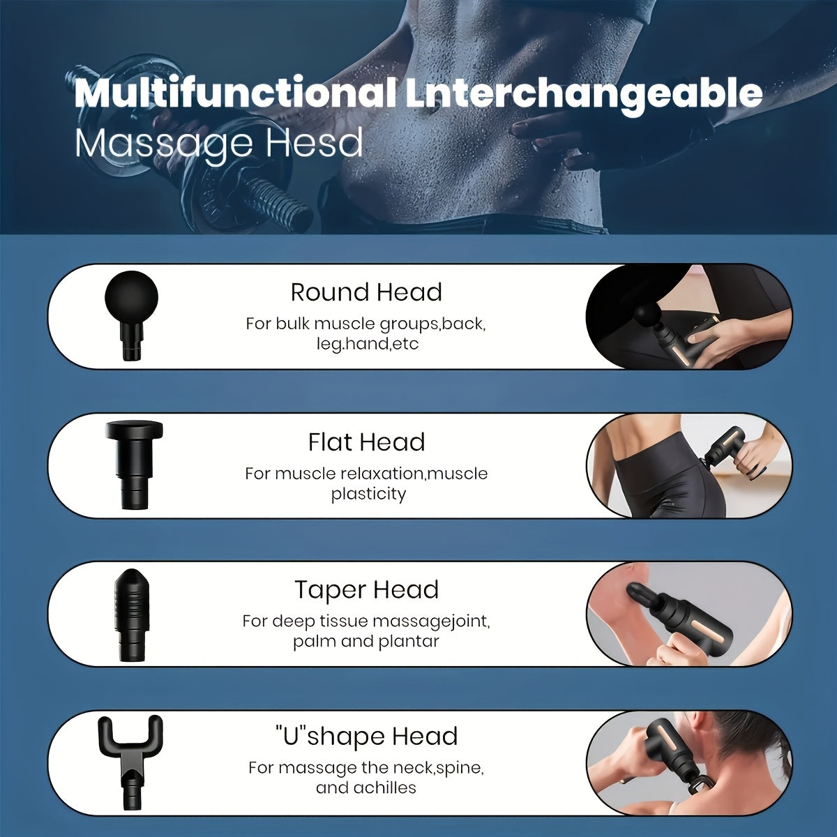 Blue Portable Deep Tissue Massager | 6-Speed & 4 Heads & 15-Min Timer｜Professional Muscle Recovery, Anytime Anywhere