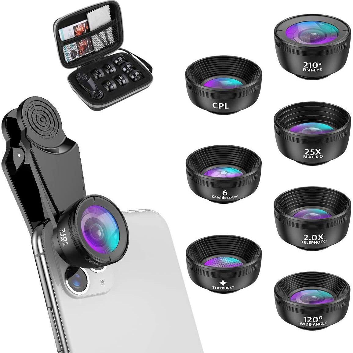 15-in-1 kit with multiple special effects functions, compatible with iPhone and Android smartphones. Includes: 198 fisheye, 0.63x wide angle, 15x macro, 2x telephoto, CPL polarizer, kaleidoscope lens, star filter, mist filter, radial filter