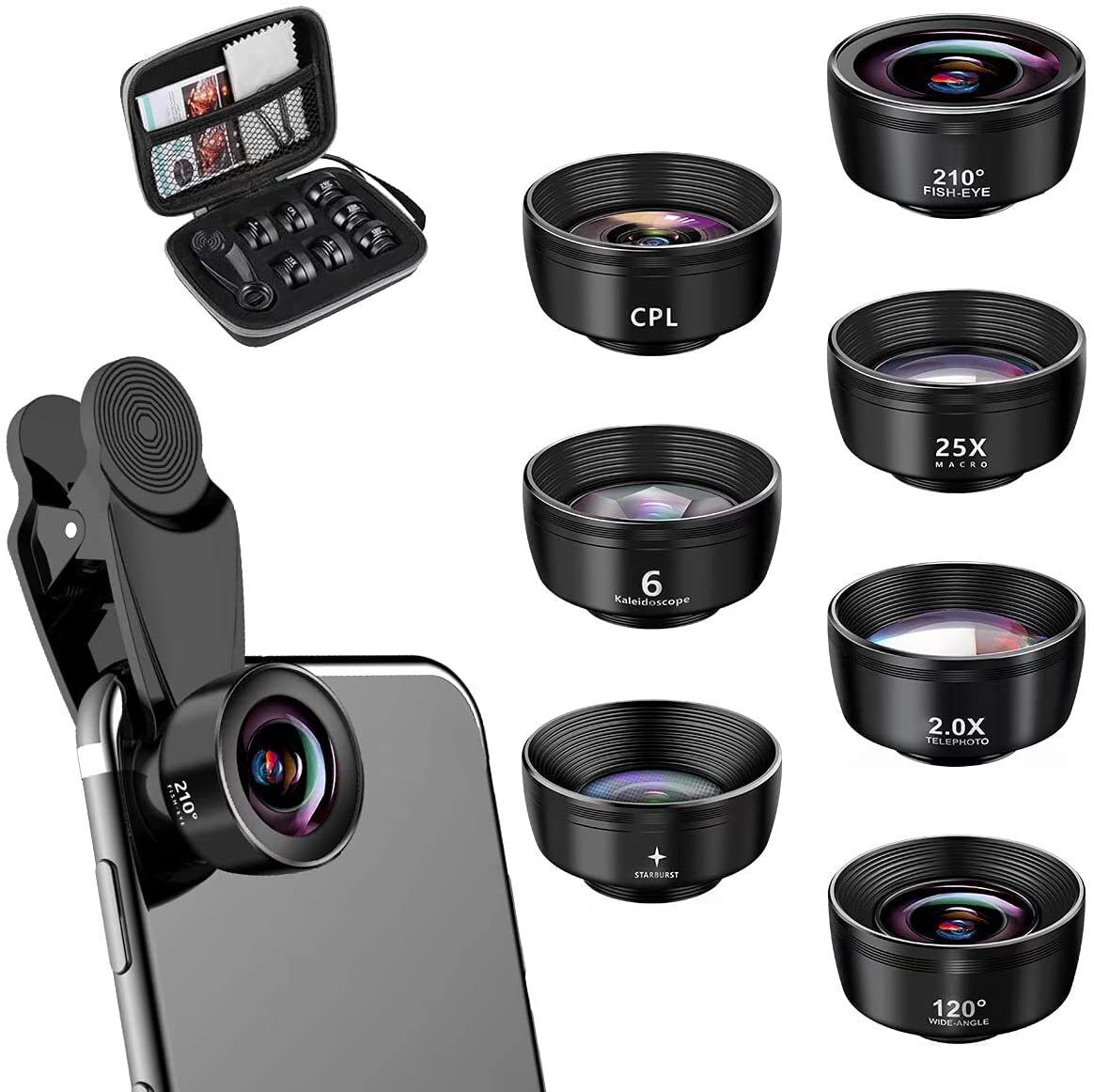 15-in-1 kit with multiple special effects functions, compatible with iPhone and Android smartphones. Includes: 198 fisheye, 0.63x wide angle, 15x macro, 2x telephoto, CPL polarizer, kaleidoscope lens, star filter, mist filter, radial filter