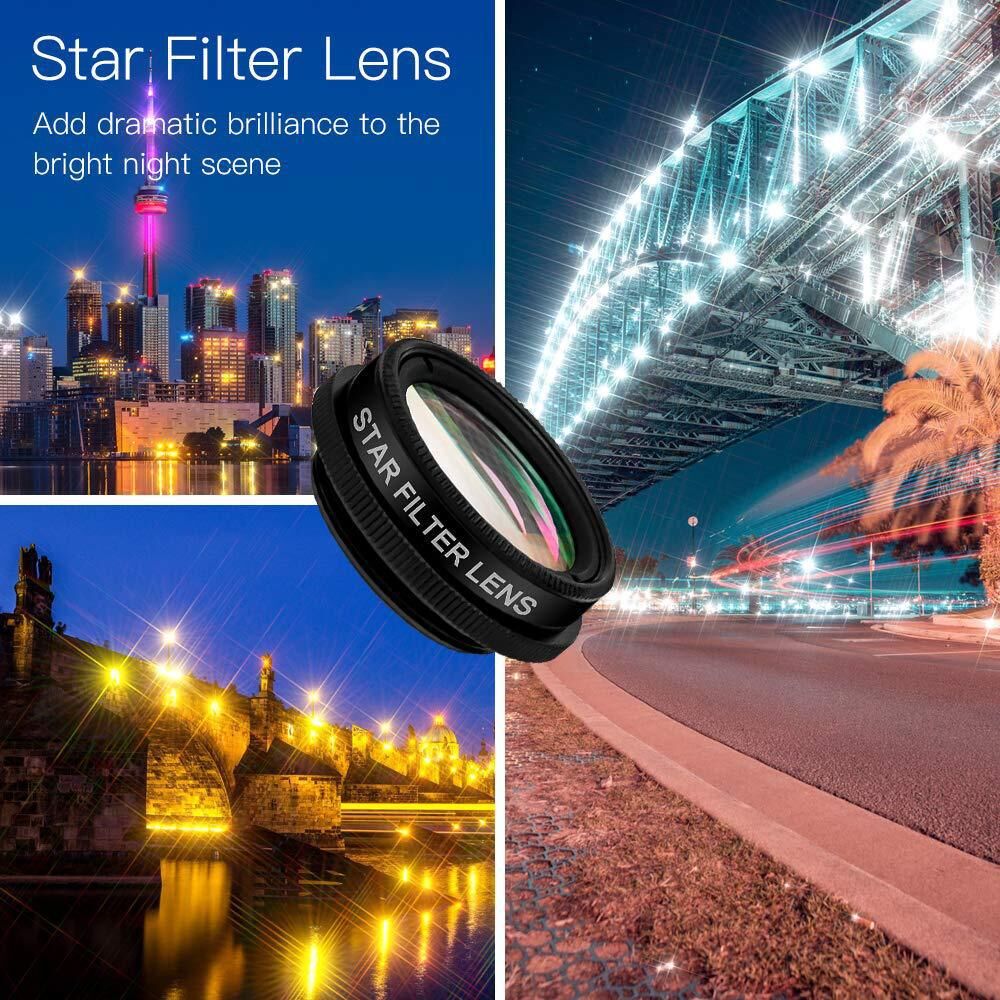 15-in-1 kit with multiple special effects functions, compatible with iPhone and Android smartphones. Includes: 198 fisheye, 0.63x wide angle, 15x macro, 2x telephoto, CPL polarizer, kaleidoscope lens, star filter, mist filter, radial filter