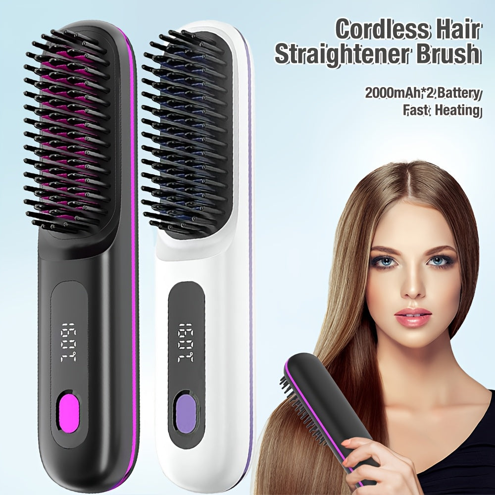Cordless Hair Straightener Brush: Dual 2000mAh batteries for long-lasting power, fast heating, creates smooth styles anytime, anywhere.(Black)