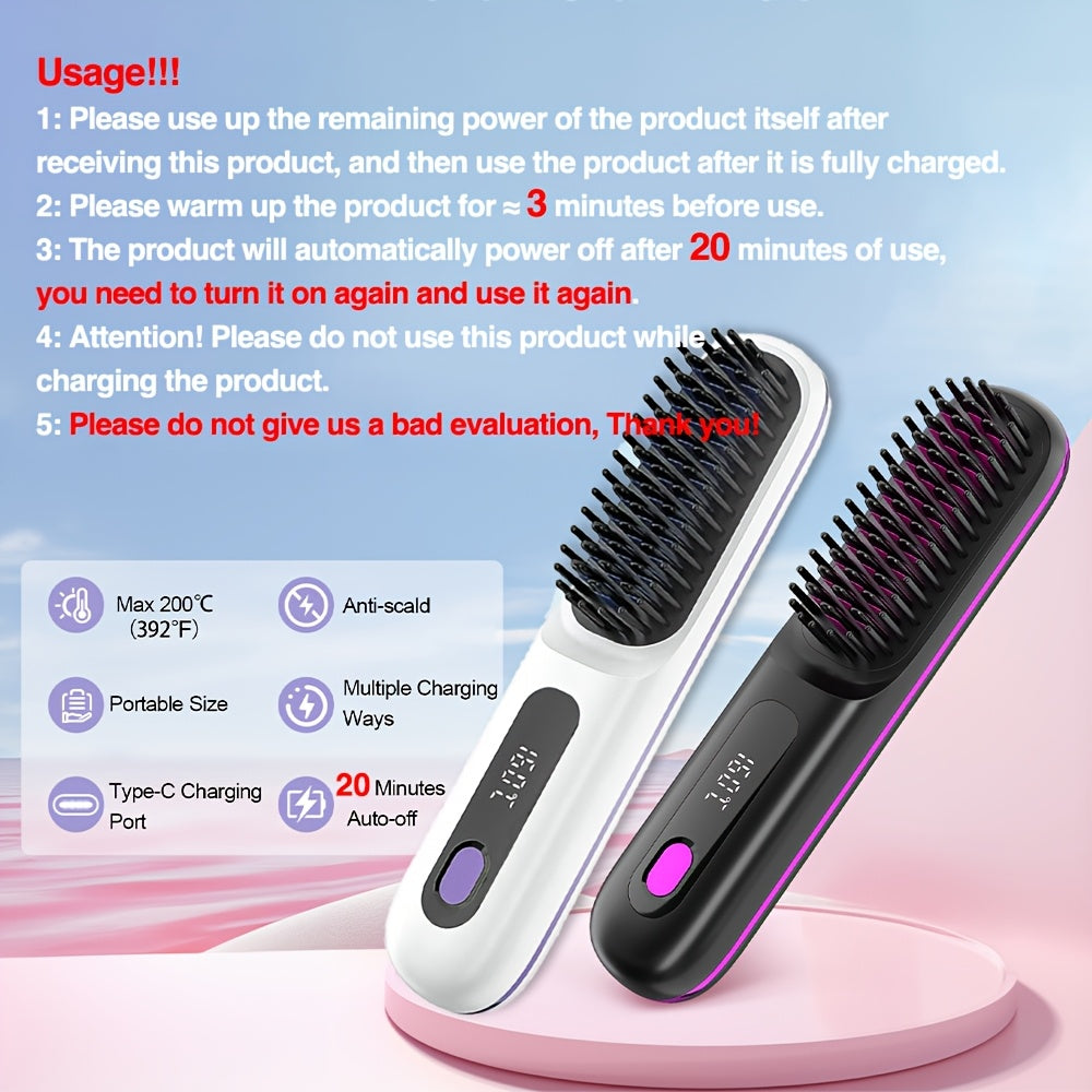 Cordless Hair Straightener Brush: Dual 2000mAh batteries for long-lasting power, fast heating, creates smooth styles anytime, anywhere.(Black)