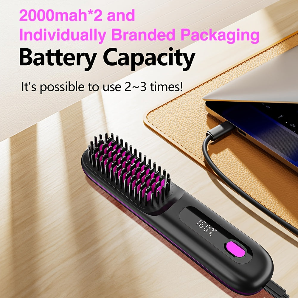 White Cordless Hair Straightener Brush: Dual 2000mAh batteries for long-lasting power, fast heating, creates smooth styles anytime, anywhere.