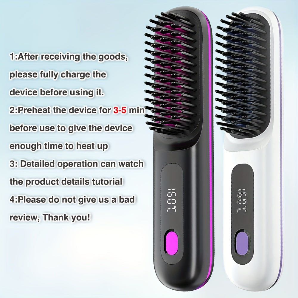 White Cordless Hair Straightener Brush: Dual 2000mAh batteries for long-lasting power, fast heating, creates smooth styles anytime, anywhere.