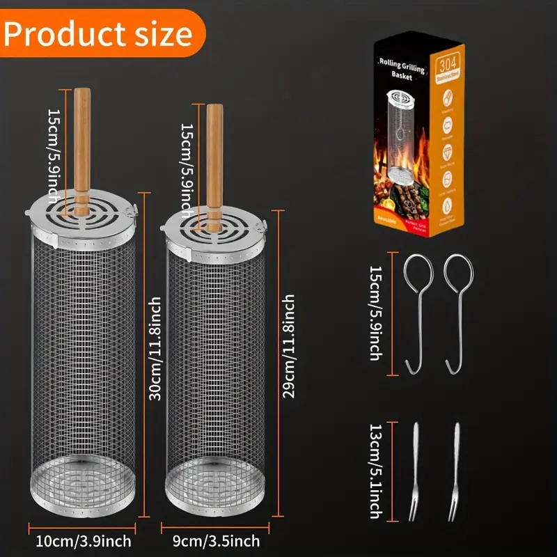 2-Pack Stainless Steel Rotating Grill Baskets with Removable Wooden Handle – Durable 304 Mesh for Veggies, Prawns & More – Perfect for BBQ, Camping & Outdoor Cooking, Great Gift for Dad or Husband