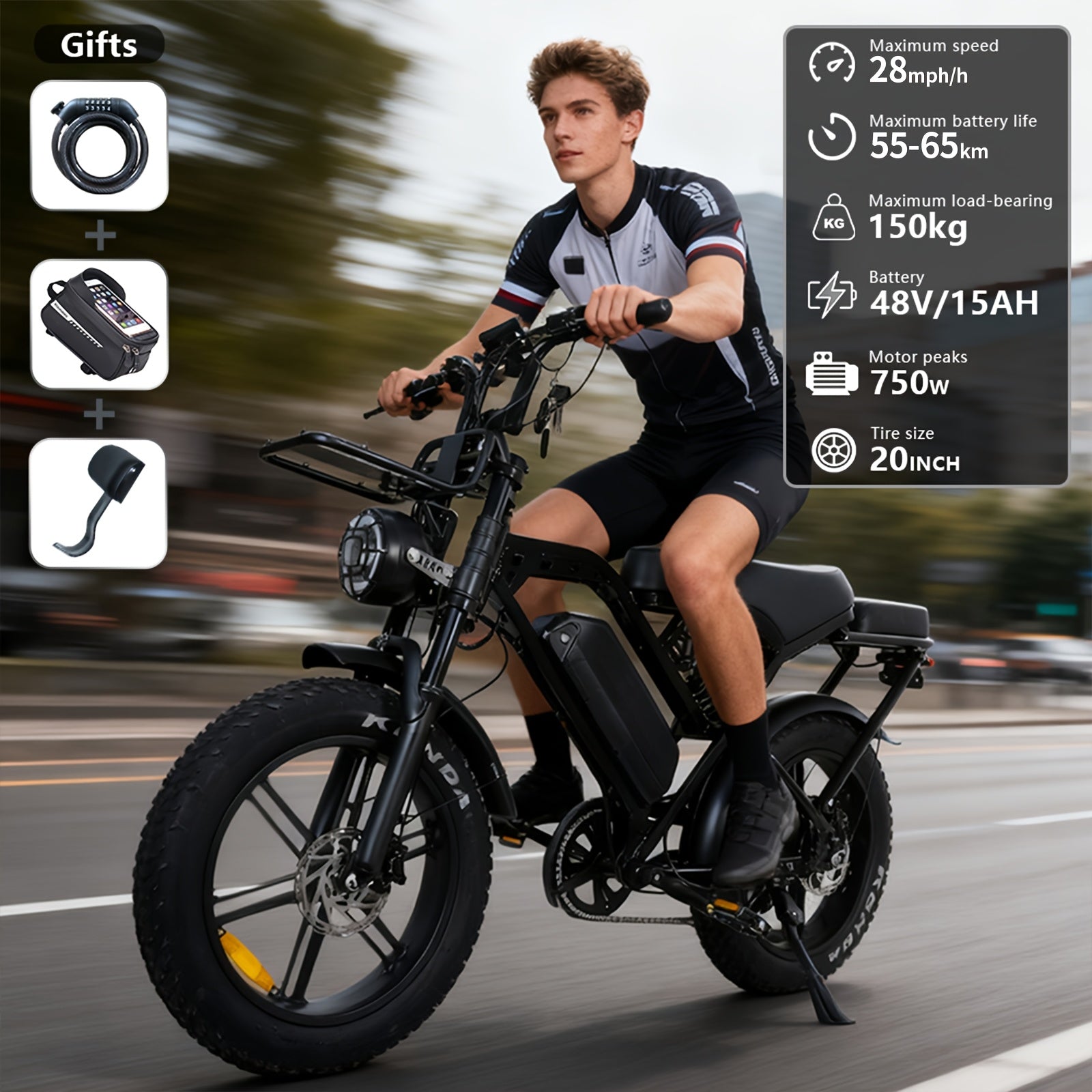 V20 upgraded X80Pro electric bicycle, 750W motor, 20-inch off-road tires, 55-65 km range, 48V 12Ah removable lithium battery, front and rear hydraulic disc brakes + 7-speed gear, intelligent anti-theft + digital display screen, beach/snow dual-use