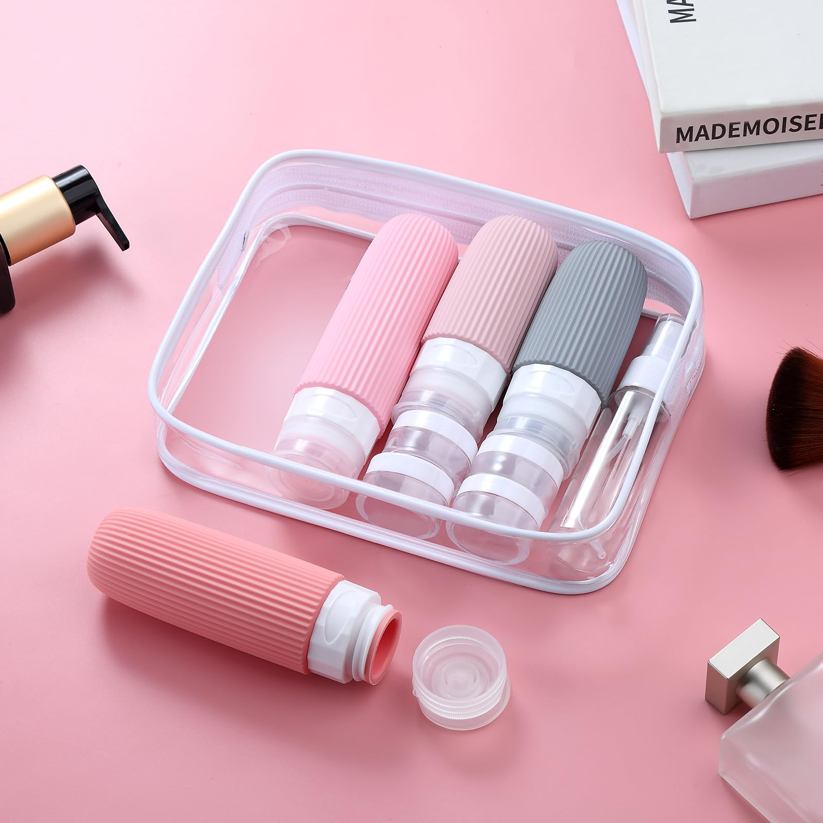 16-Piece Travel Bottle Set with Leak-Proof Silicone Squeeze Bottles – Reusable Toiletry Containers for Shampoo, Lotion, Makeup Remover (Pink)  | Other Colors Available in Store