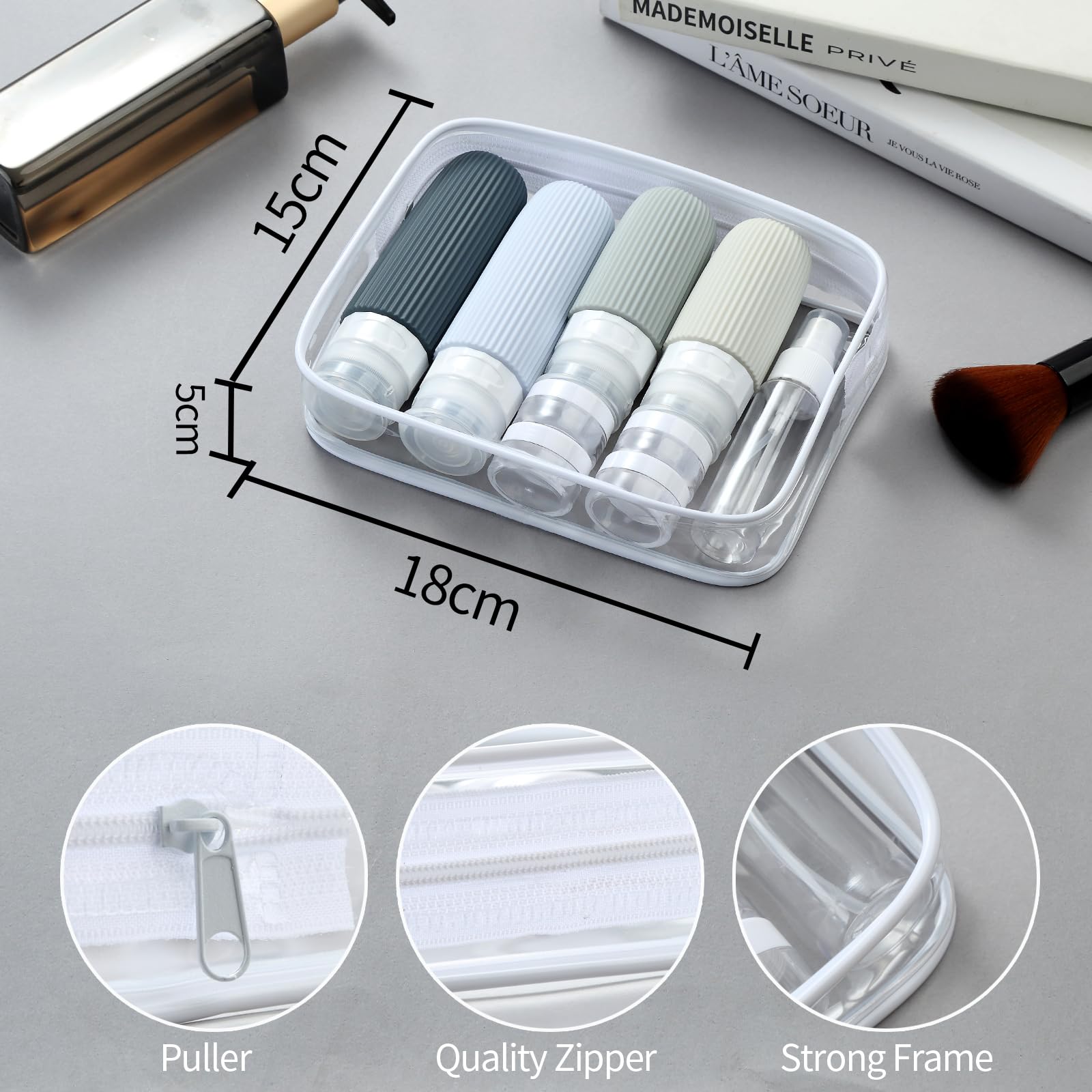 16-Piece Travel Bottle Set with Leak-Proof Silicone Squeeze Bottles – Reusable Toiletry Containers for Shampoo, Lotion, Makeup Remover (Grey)  | Other Colors Available in Store