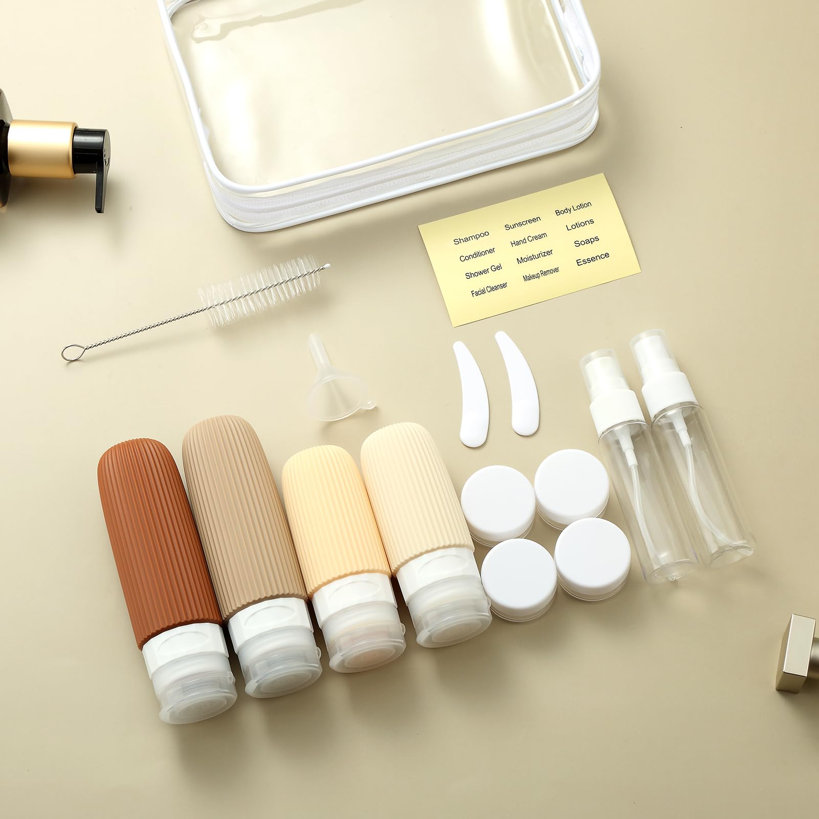 16-Piece Travel Bottle Set with Leak-Proof Silicone Squeeze Bottles – Reusable Toiletry Containers for Shampoo, Lotion, Makeup Remover (Cream)  | Other Colors Available in Store