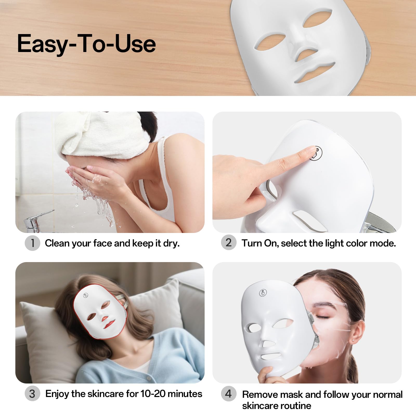 7-Color Facial Light Mask for Home Skincare – Rechargeable LED Beauty Device with 270 LEDs, One-Touch Control & Auto-Timer (White with Gold Trim)  | Other Colors Available in Store