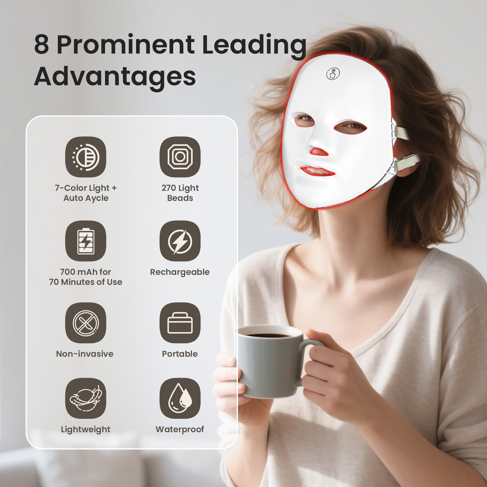 7-Color Facial Light Mask for Home Skincare – Rechargeable LED Beauty Device with 270 LEDs, One-Touch Control & Auto-Timer (Black with Rose Gold Trim)   | Other Colors Available in Store